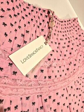 NEW LoveShackFancy Ruffled High Waist Pink with Black Bow-Print Mini Skirt